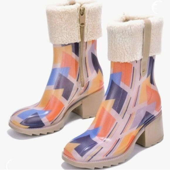 Womens Chunky Block Heel Ankle Boots Print Color - Picture 1 of 5